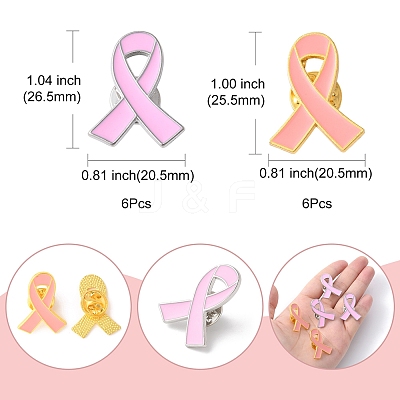 12Pcs 2 Styles Breast Cancer Awareness Pink Ribbon Enamel Pin JEWB-FS0001-08-1