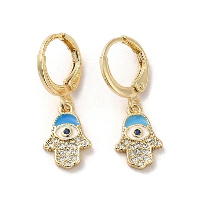 Hamsa Hand with Evil Eye Golden Brass Dangle Leverback Earrings EJEW-Q797-04A-02G-1