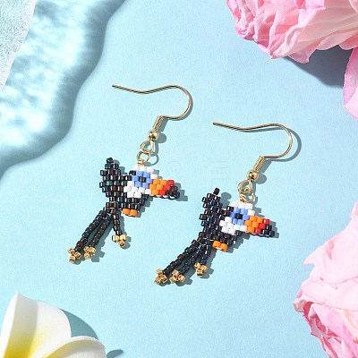 304 Stainless Steel MIYUKI Glass Seed Beads Bird Dangle Earrings EJEW-MZ00555-02-1