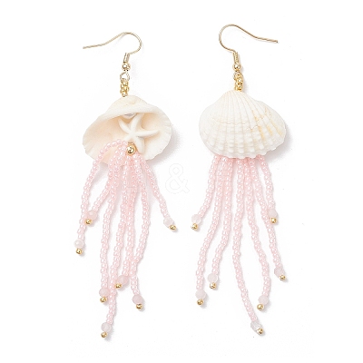 304 Stainless Steel Dyed Synthetic Turquoise & Natural Rose Quartz & Glass Seed Beaded Jellyfish Dangle Earrings EJEW-MZ00529-02-1