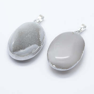 Oval Brass Natural Crystal Agate Pendants G-A136-B09S-1