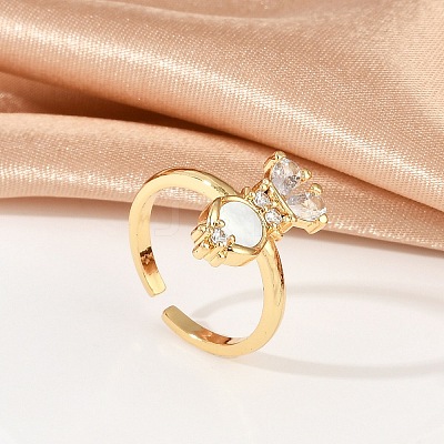 Rabbit Brass Micro Pave Clear Cubic Zirconia Open Cuff Rings RJEW-G343-02G-1