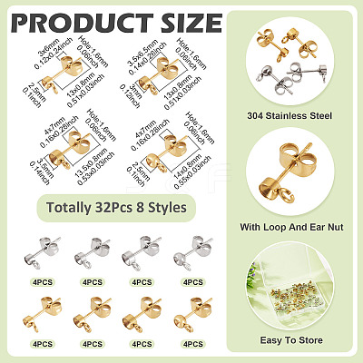 32Pcs 8 Styles 304 Stainless Steel Stud Earring Findings STAS-TA0002-96-1