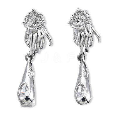Brass Pave Clear Cubic Zirconia Hand with Teardrop Dangle Stud Earring Findings KK-N232-477P-A-1