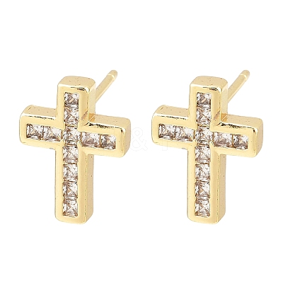 Brass Micro Pave Clear Cubic Zirconia Cross Stud Earrings EJEW-F400-22B-G-1