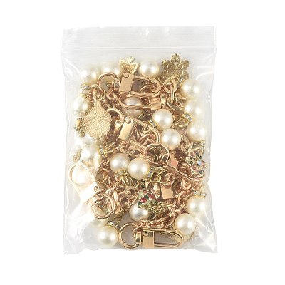 4Pcs 4 Styles Alloy Rhinestone with Acrylic Pearl Bead Charm Cable Chain Bag Decorative Chains HJEW-FS00060-02-1