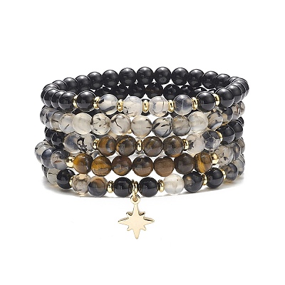5Pcs 5 Style Natural Mixed Gemstone Round Beaded Stretch Bracelets Set BJEW-JB08829-1