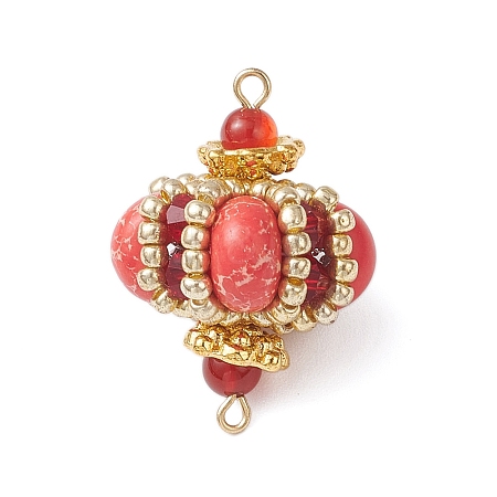 Dyed Synthetic Imperial Jasper & Handmade Glass Seed Beaded Rhombus Connector Charms PALLOY-MZ00960-07-1