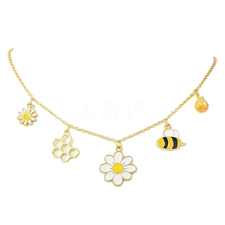 Flower & Bees & Honeycomb Alloy & Glass Pendant Necklaces X1-NJEW-TA00165-1