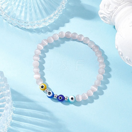 Cat Eye & Handmade Evil Eye Lampwork Round Beaded Stretch Bracelets for Women BJEW-JB12289-02-1