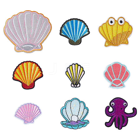 HOBBIESAY 18Pcs 9 Styles Shell & Octopus Shape Polyester Applqiues PATC-HY0001-37-1