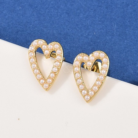 Brass ABS Plastic Pearl Hollow Heart Stud Earrings EJEW-L275-14G-01-1