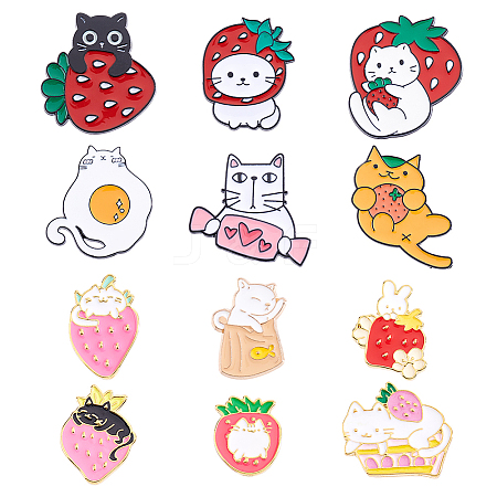 12Pcs 12 Styles Cat Theme Black Alloy Brooches JEWB-HY0001-61-1