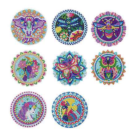 Animal Theme Unicorn/Bird/Insects DIY Diamond Painting Round Coaster Kits UNIC-PW0001-021-1