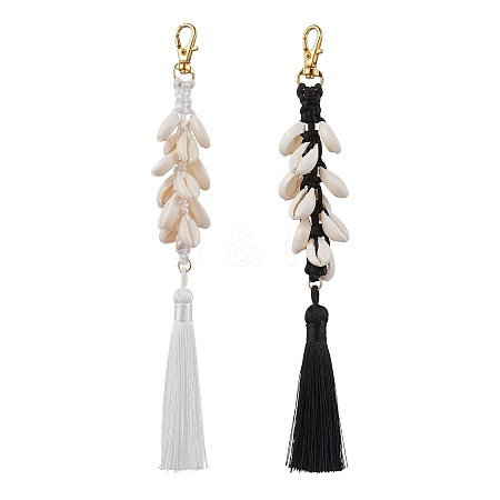 2Pcs 2 Colors Natural Shell & Polyester Tassel Pendant Decorations HJEW-JM02825-1