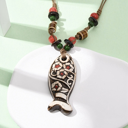 Ceramic Fish Pendant Adjustable Waxed Cord Necklaces for Women NJEW-B146-04-1