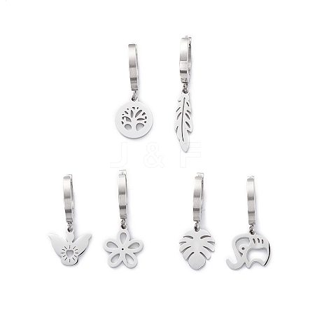 Non-Tarnish 3 Pair 3 Style Leaf & Flower & Butterfly & Tree & Elephant Asymmetrical Earrings EJEW-B020-03P-1