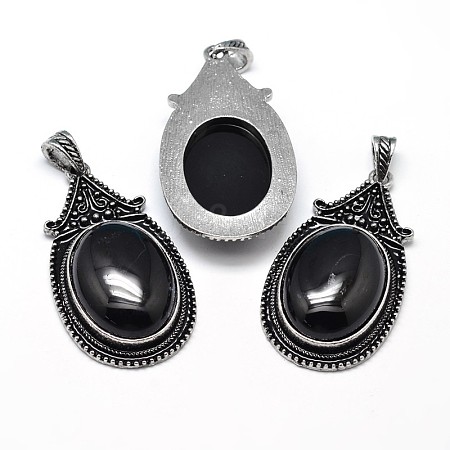 Oval Antique Silver Zinc Alloy Natural Dyed & Heated Black Agate Big Pendants G-F228-27J-FF-1