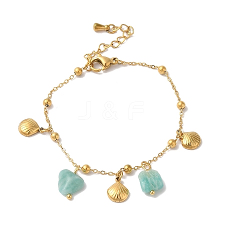 Summer Beach Nuggets Natural Amazonite & Ion Plating(IP) 304 Stainless Steel Charm Bracelets for Women Men BJEW-P326-05C-G-1