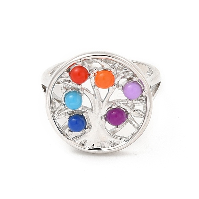 Colorful Resin Beaded Tree of Life Open Cuff Ring RJEW-G274-02P-1