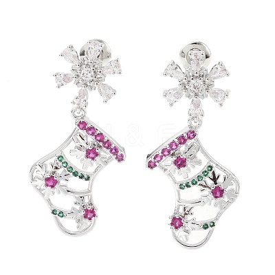 Christmas Socking & Snowflake Brass Pave Colorful Cubic Zirconia Dangle Stud Earrings for Women EJEW-M257-03P-1