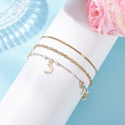 Round ABS Imitation Pearl Beaded Chains & 304 Stainless Steel Cable Chains Stackable Bracelets for Women BJEW-JB12452-03-1
