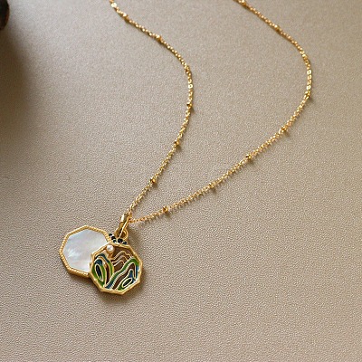 Brass Enamel and Natural Shell Octagon Pendant Necklaces for Women WGEA23F-01-1