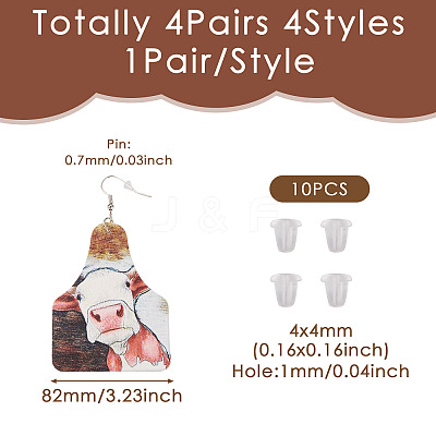 4 Pairs 4 Styles Cattle with Sunflower PU Imitation Leather Cow Tag Dangle Earrings for Women EJEW-TA0001-07-1