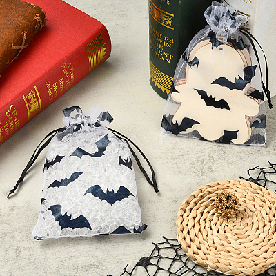 Halloween Theme Bat Printed Organza Drawstring Bags ABAG-WH20021-006D-1