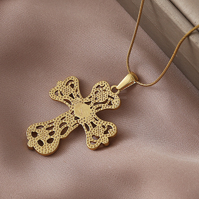 Vintage 304 Stainless Steel with Clear Glass Hollow Cross Pendant Necklaces for Women MR8108-1