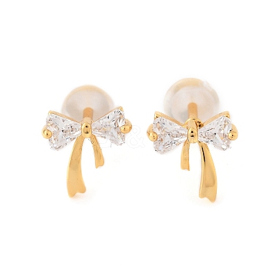 Bowkont Brass Micro Pave Clear Cubic Zirconia Stud Earrings EJEW-B131-03G-1