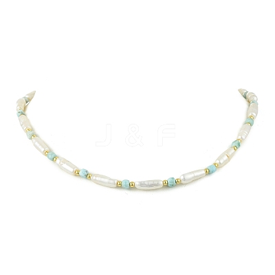 Faceted Cube Natural Larimar & Natural Baroque Keshi Pearl Column Beaded Necklaces NJEW-JN06620-1