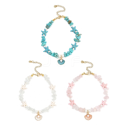 3Pcs 3 Styles Zinc Alloy Enamel Shell Shape Charm Round Shell Pearl & Dyed Synthetic Turquoise Starfish & Magnesite & Opalite & Natural Rose Quartz Chip Beaded Anklets AJEW-AN00735-1