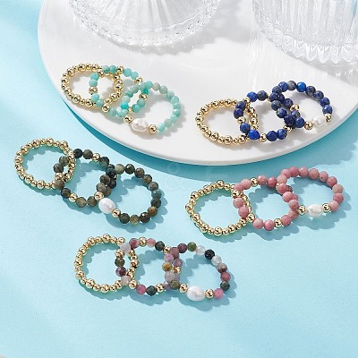 15Pcs 5 Colour Natural Gemstone & Cultured Freshwater Pearl Cuff Rings RJEW-JR01024-1