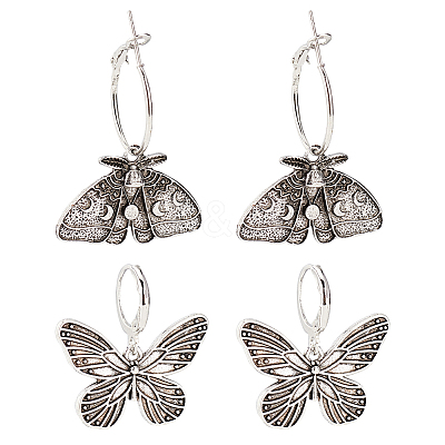 2 Pairs 2 Style Moth & Butterfly Zinc Alloy Dangle Hoop & Leverback Earrings EJEW-AN0002-64-1