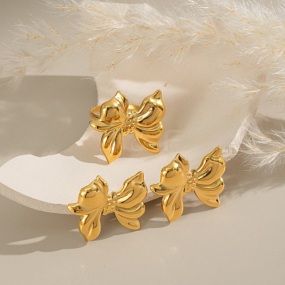 Bowknot Stainless Steel Stud Earrings & Cuff Rings Sets for Women TP4583-3-1