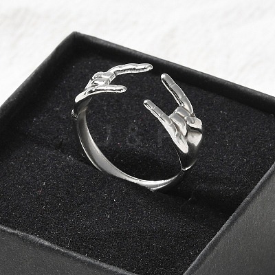 304 Stainless Steel Rock & Roll Hand Gesture Cuff Rings for Women Men RJEW-B118-02P-1