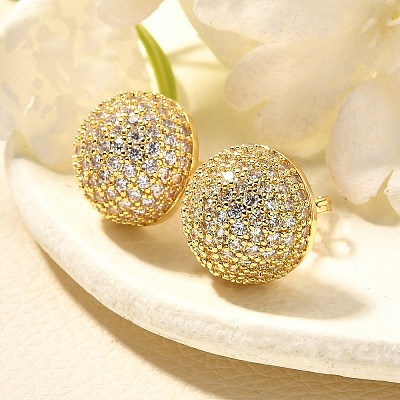 Half Round Brass Micro Pave Clear Cubic Zirconia Stud Earrings EJEW-C126-05G-1