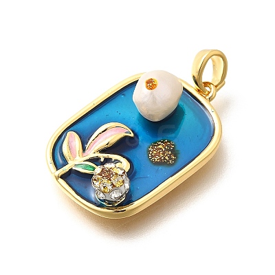 Brass Dodger Blue Glitter Enamel Rectangle Pendants KK-K398-14G-1