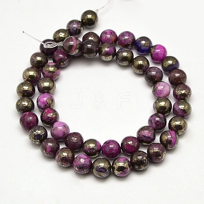 Electroplate Gemstone Natural Pyrite Round Beads Strands G-L129-8mm-02-1