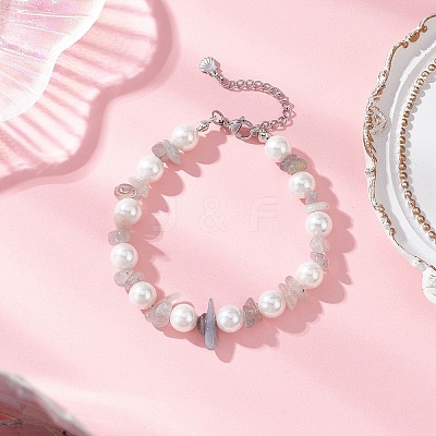 Natural Labradorite Chip & Glass Shell Round Beaded Bracelets BJEW-JB12317-03-1