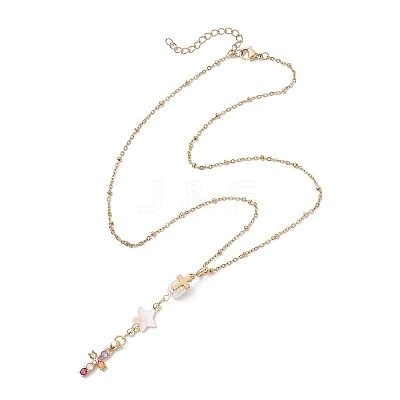 Natural Cultured Freshwater Pearl & Freshwater Shell Star & Brass Pave Colorful Cubic Zirconia Cross Pendant 304 Stainless Steel Cable Chain Y Necklaces NJEW-JN05365-1