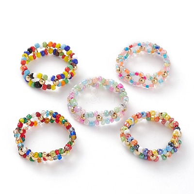 Round Mixed Style Glass Seed Beaded Finger Rings RJEW-JR00318-1