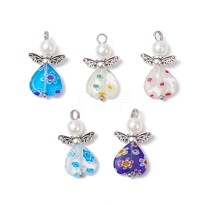 Handmade Millefiori Lampwork Beads and ABS Plastic Imitation Pearl Round Beads and Tibetan Style Alloy Fairy Wing Beads and 304 Stainless Steel Ball Head Pins Pendants PALLOY-JF03740-02-1