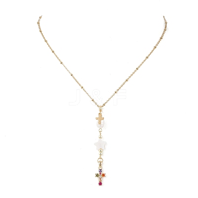 Natural Cultured Freshwater Pearl & Freshwater Shell Star & Brass Pave Colorful Cubic Zirconia Cross Pendant 304 Stainless Steel Cable Chain Y Necklaces NJEW-JN05365-1