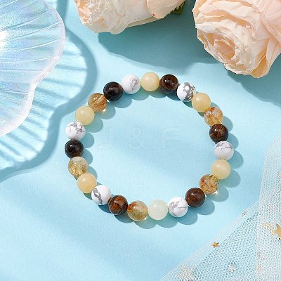 8.5mm Round Natural Topaz Jade & Howlite & Tiger Eye & Citrine Bead Stretch Bracelets for Women BJEW-JB10944-02-1