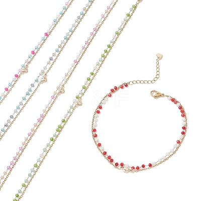 Bohemian Handmade Faceted Rondelle Glass Beaded Chains & 304 Stainless Steel Cable Chain 2-Strand Anklets for Women AJEW-AN00780-1