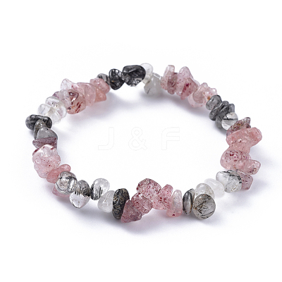 Natural Tourmalinated Quartz/Black Rutilated Quartz & Strawberry Quartz Chip Stretch Bracelets BJEW-JB04490-03-1