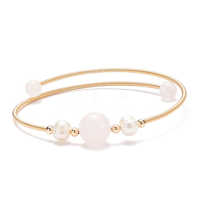 Natural Rose Quartz & Pearl Round Beaded Bangle BJEW-JB08464-02-1
