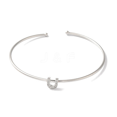 Rack Plating Brass Micro Pave Clear Cubic Zirconia Letter Open Cuff Bangles BJEW-A018-01P-U-1